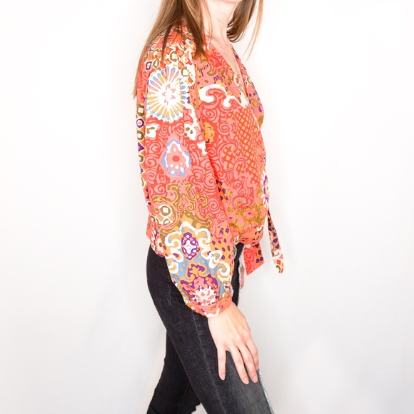 J. CREW Cotton Wrap Paisley Top Red Long Sleeve - Picture 2 of 7